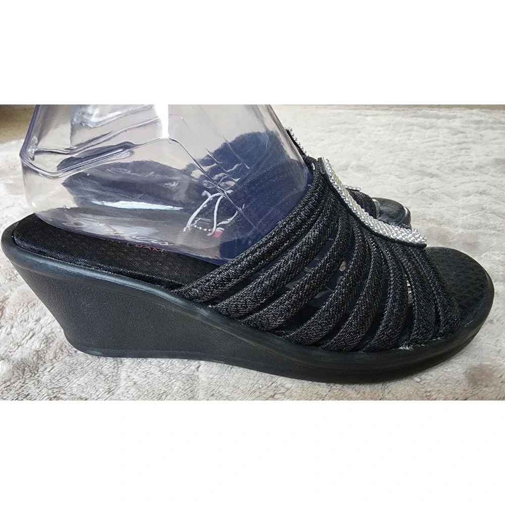 Skechers Cali Rumblers Hot Shot Black Wedge Sandals Rhinestone Womens 9 Wide